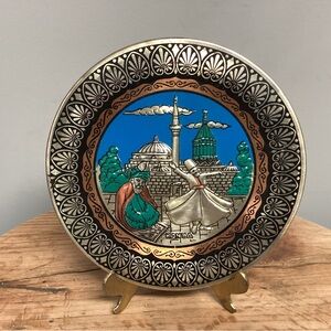 Vintage Konya Made Copper Crafted - Hand Painted Wall Hanging Plate - Stamped